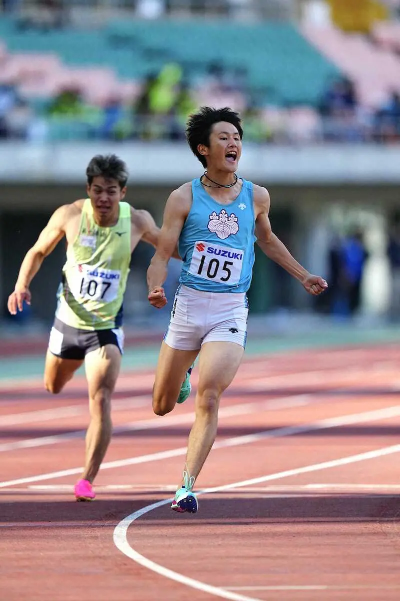 ＜第38回静岡国際陸上競技大会＞男子200メートルA決勝。優勝を果たし、雄叫びをあげる鵜沢（撮影・河野　光希）