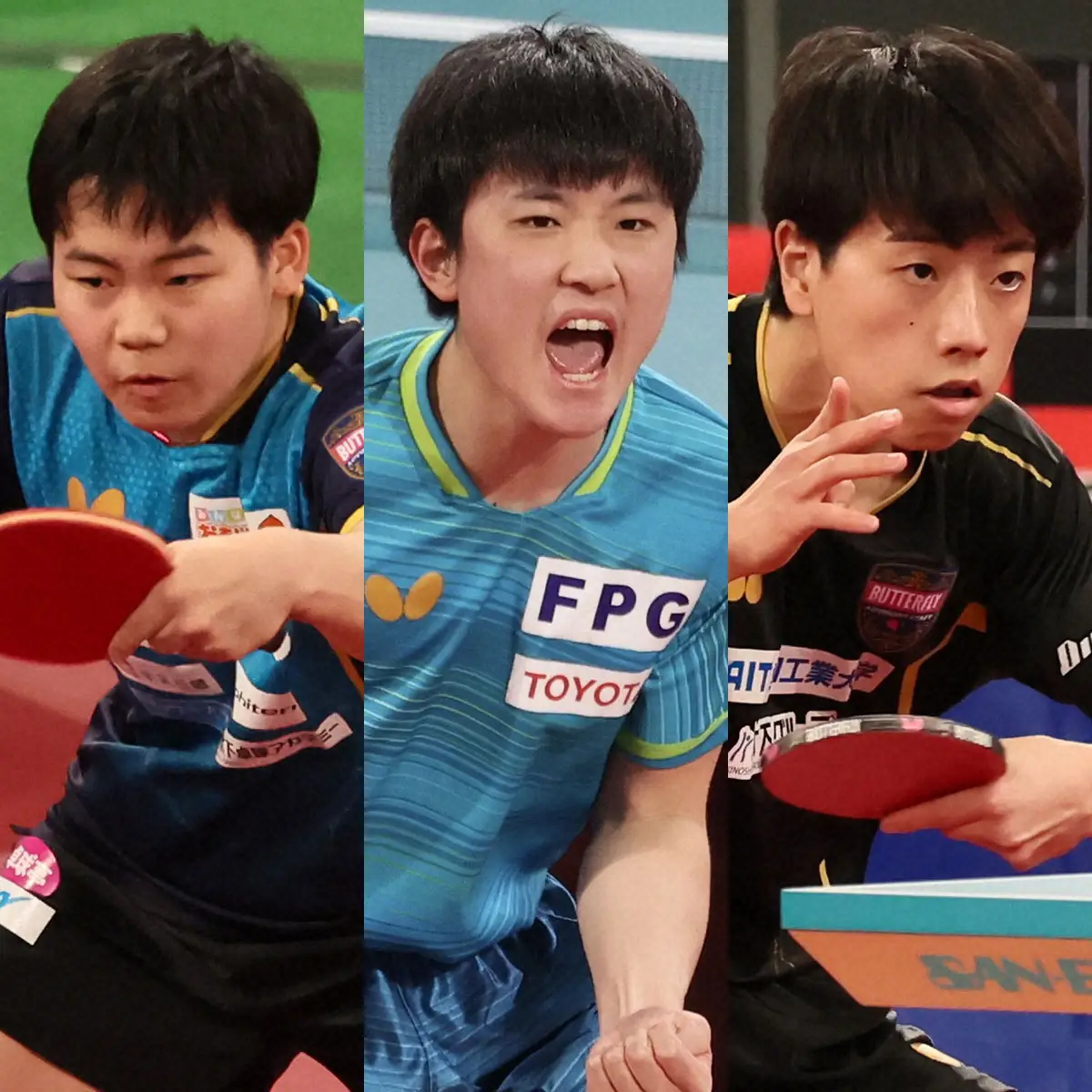 卓球日本代表の（左から）松島輝空、張本智和、篠塚大登