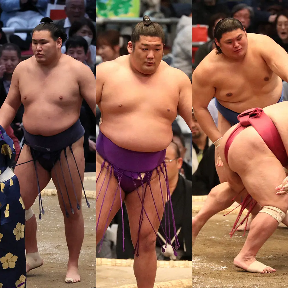 大相撲春場所は13日目を終え、1敗で単独首位に立つ尊富士（中央）。3敗で首位を追いかける豊昇龍（左）と大の里