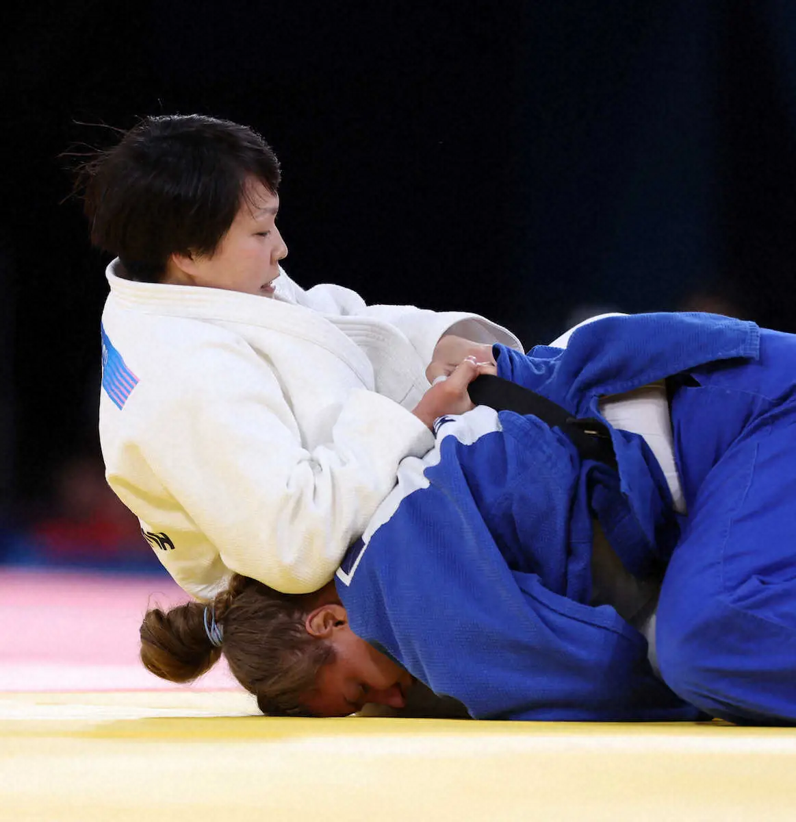 ＜パリ五輪　柔道＞混合団体戦準決勝、ドイツの選手に勝利した高山莉加（撮影・平嶋　理子）