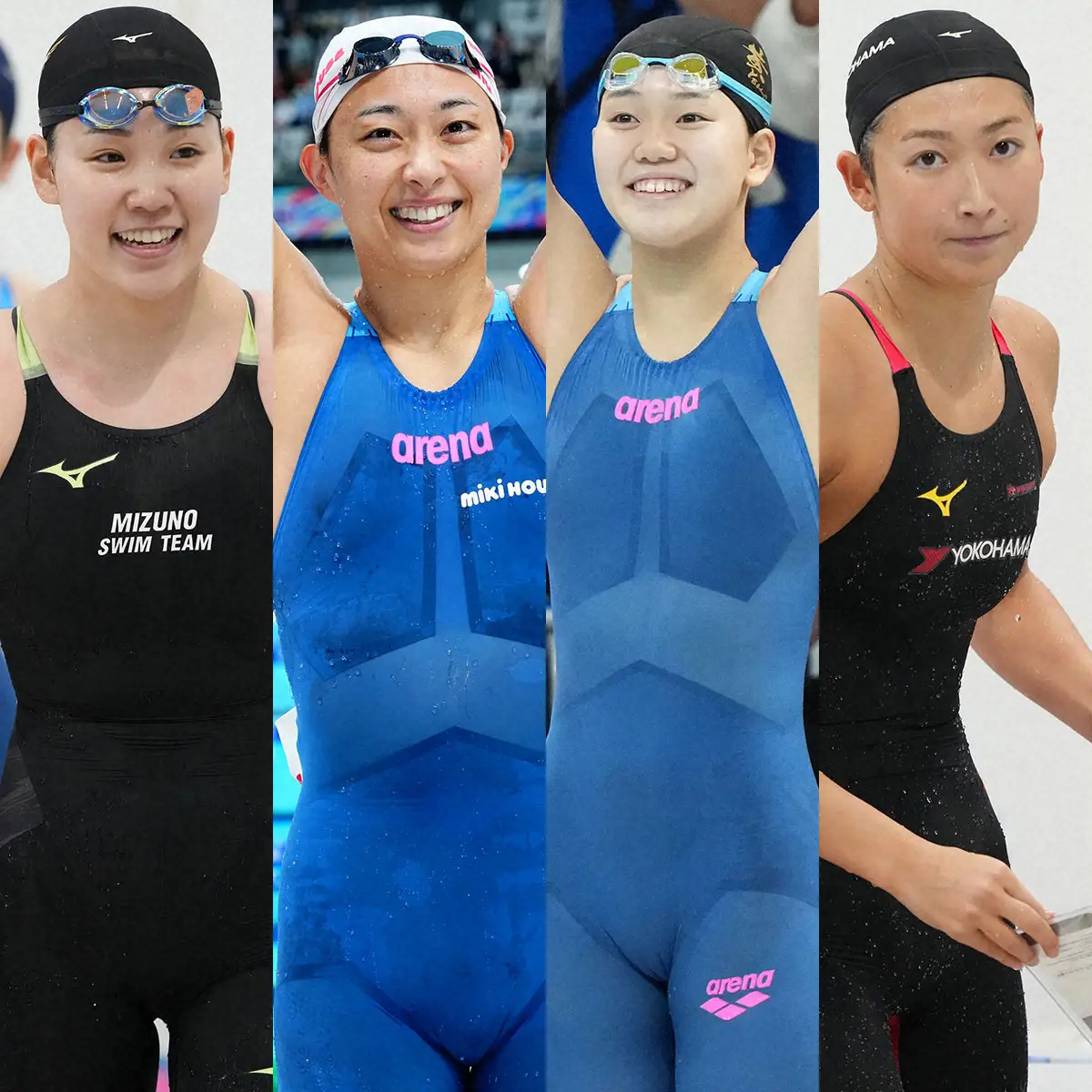 女子400メートルメドレーリレーに出場する（左から）白井璃緒、鈴木聡美、平井瑞希、池江璃花子