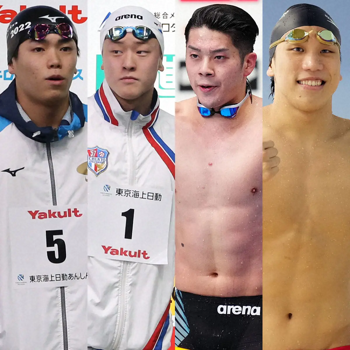 男子400メートルメドレーリレーに出場する（左から）松山陸、谷口卓、水沼尚輝、松元克央