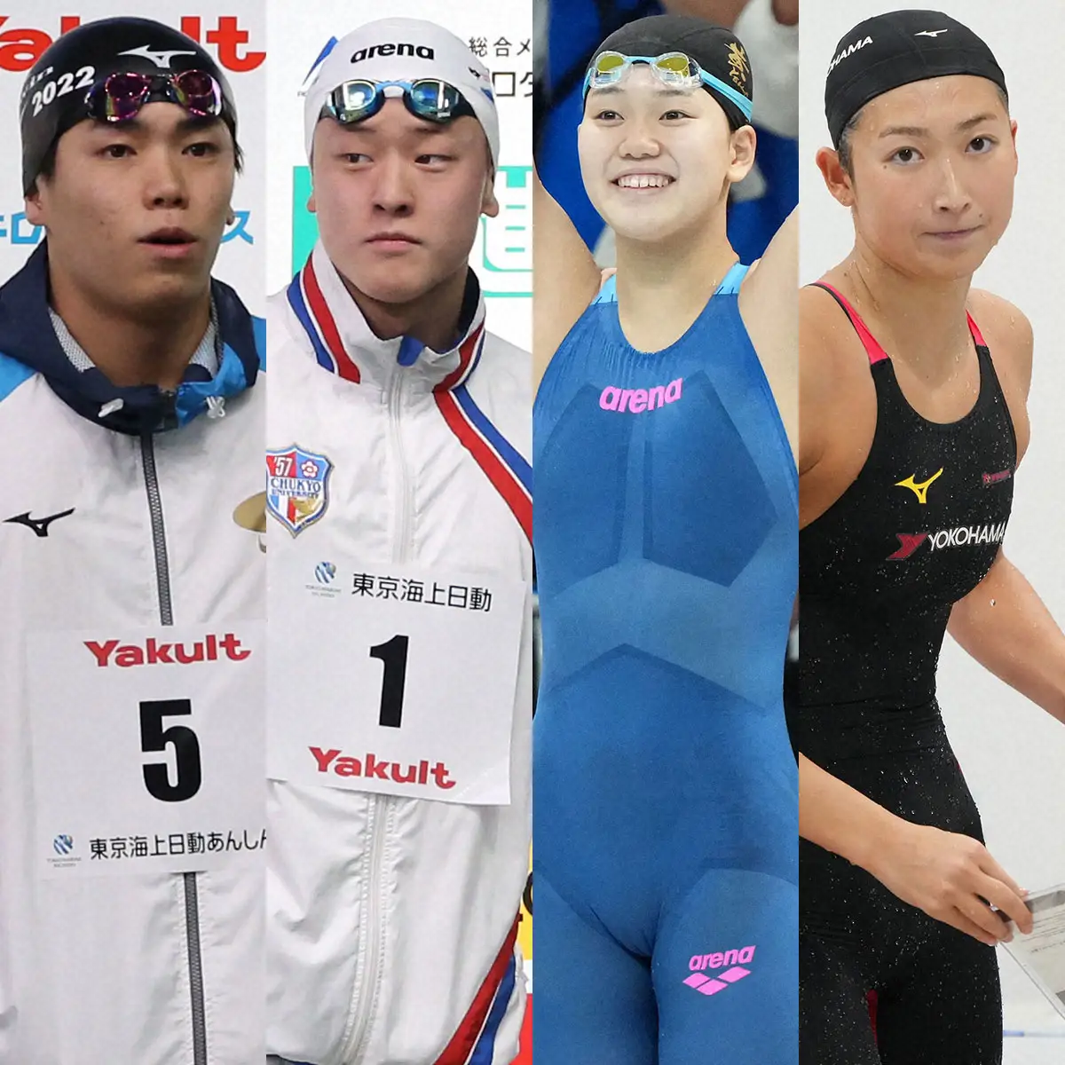 競泳の混合400メートルメドレーリレーに出場する（左から）松山陸、谷口卓、平井瑞希、池江璃花子