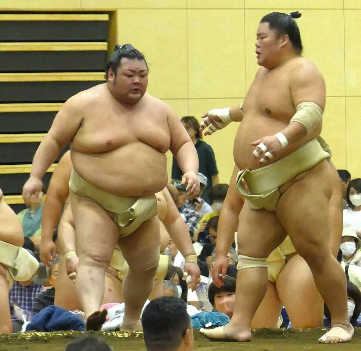 ＜夏巡業日立場所＞ぶつかり稽古で大栄翔（右）の胸を借りる武将山（撮影・前川　晋作）